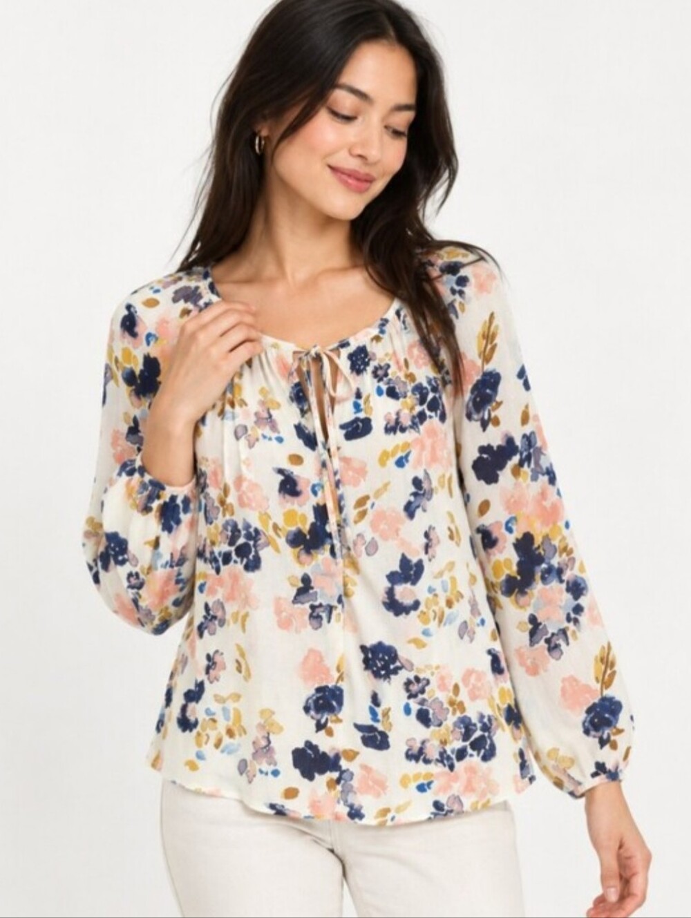 Lucky Brand XS Boho Pheasant Floral Print Long Sleeve Keyhole Tie V-Neck Blouse